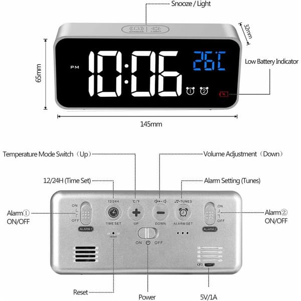 Digital väckarklocka, LED-spegellarmklocka med temperatur/snooze
