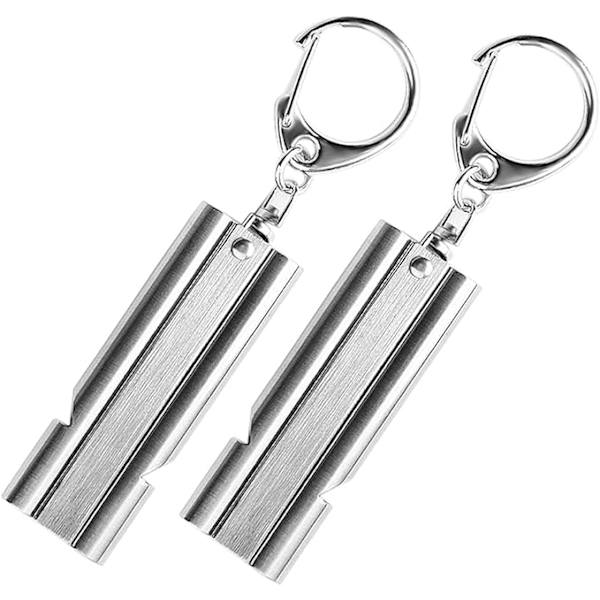 2-pack överlevnadsvissla, professionell domarvisselpipa i rostfritt stål med dubbelrör med nyckelring för camping, räddning, vandring