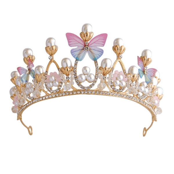 Princess Crystal Tiara Crown Pink Rhinestone Pearl Butterfly Tiar