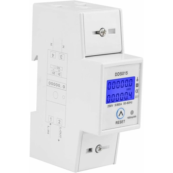 5-80A 230V 50Hz Enkeltfaset Energimåler Enkeltfaset LCD Baggrundsbelyst Energimåler, DDS015 Din Skinne Montering KWh Måler, Watt KWh Måler(230V 5-80A 50Hz)