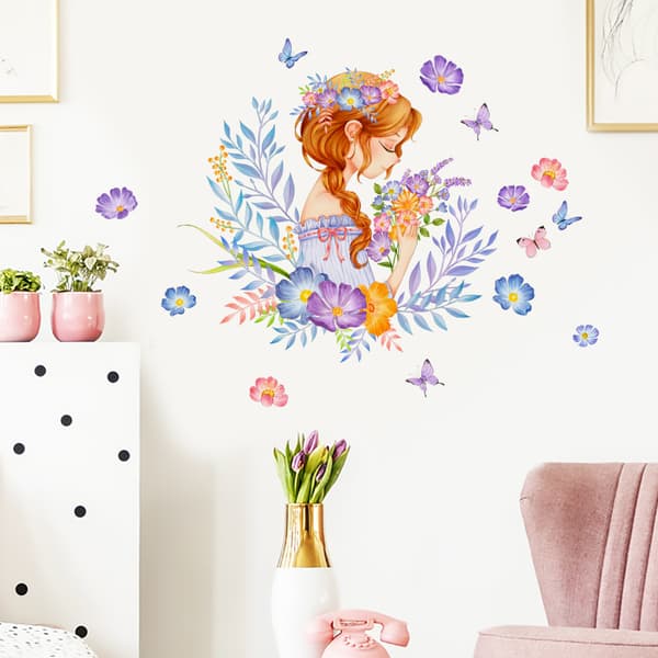 Väggdekal Blommor Fjärilar Flicka Väggklistermärke för Sovrum Vardagsrum