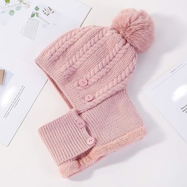Dam vintermössa one-piece ullfoder stickad mask set rosa