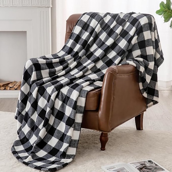 75*100cm Fleece Pledd for Sofa, Sette og Seng, Buffalo Plaid Dekor Svart og Hvit Rutete Pledd, Koselig Myk Lett Varmt Pledd