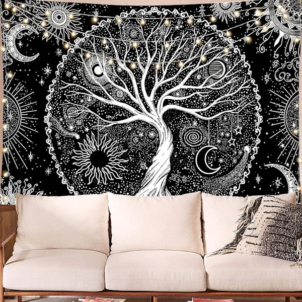 Mustavalkoinen seinävaate tähtikuvioisella elämänpuulla - (M/150x130cm, Elämänpuu)