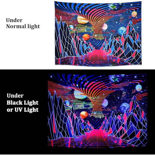 Tapisserie Blacklight Tapisserie UV réactive Trippy Mountain and Planet Tapisserie Psychedelic Neon Tenture murale pour chambre