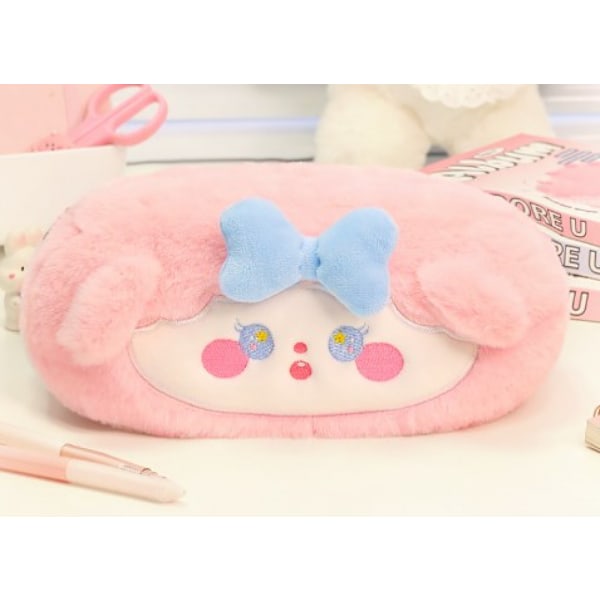 Plush Pencil Case Large Capacity Cute Multipurpose Pencil Box for Pens Erasers Rulers Pink Cat