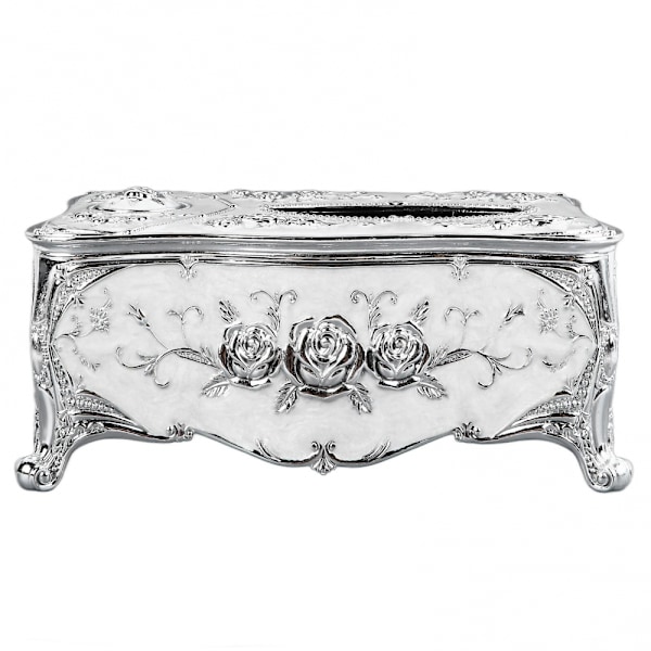 Kudoksen kotelo 3D-ruusun kuviolla, elegantti muotoilu, hammastikkupaikka, perheelle, toimistolle, juhliin, hopeavalkoinen