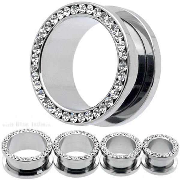 Øretunneler med klare ædelsten, stor måler, kirurgisk stål, 2 stk., 8 mm