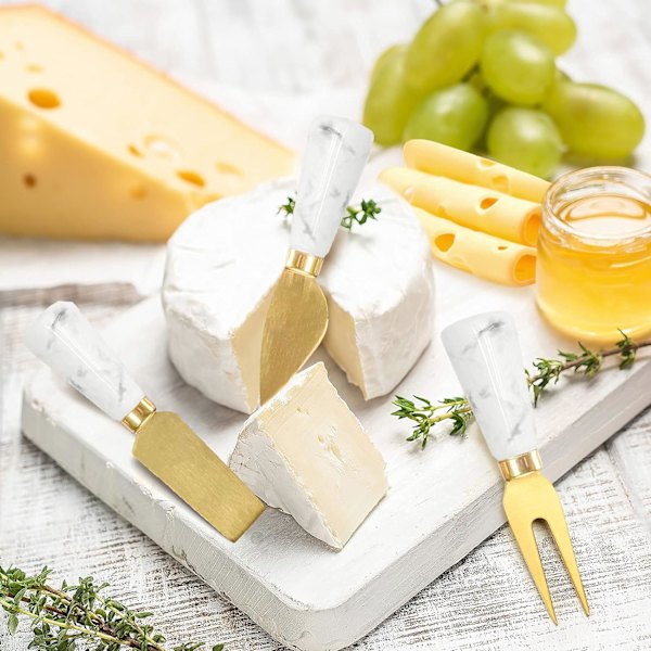 Sett med 6 gullfargede ostekniver, smøresprederkniver med marmorhåndtak, ostekutter med ergonomisk keramisk håndtak, osthøvel og gaffel til bursdag, bryllup, fest