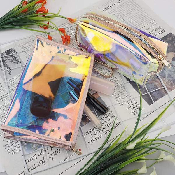 2 stk. Holografisk Makeup Taske, Gennemsigtig PVC Makeup Taske Iridescent Pung Bærbar Lynlås