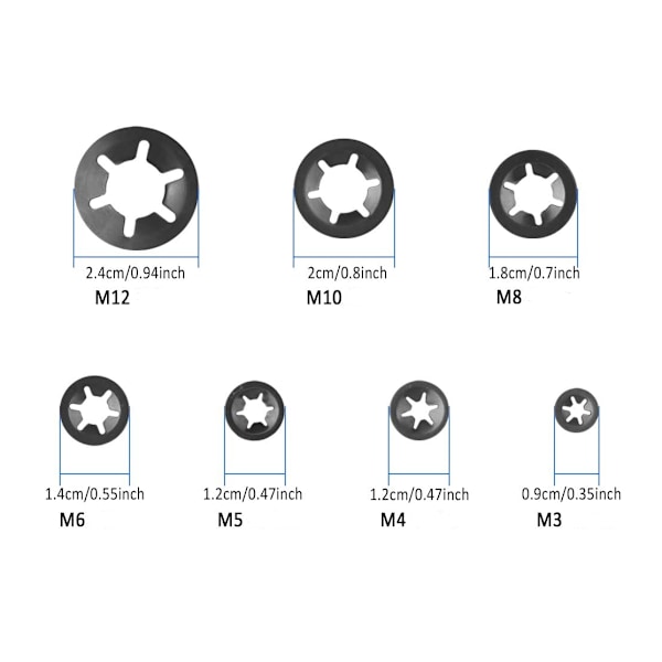 280 stk låseskiver låseskiver, stållåseskiver hurtiggående låseskiver M3 M4 M5 M6 M8 M10 M12, 7 størrelser, svart