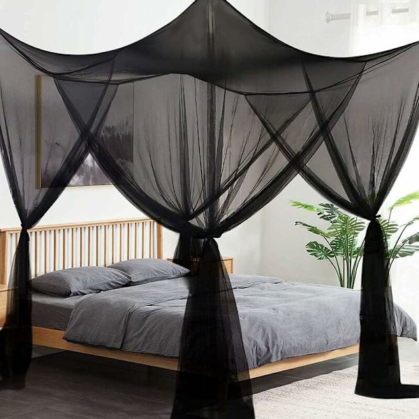 Myggnetting, King Size Fire Corner Post Canopy Gardiner for Sing