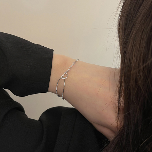 Hjerteformet sølvperle armbånd med lenke til kvinner, smykkegave, 1 stk.