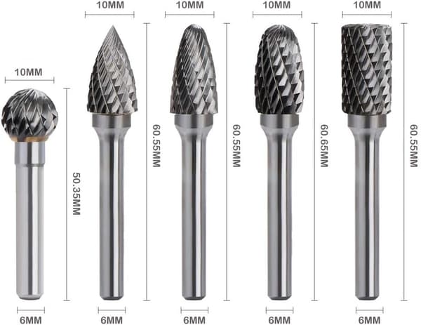 Rotasjonsfreser, 5 stk., dobbeltsnitt, 6 mm skaft, 10 mm hode, roterende