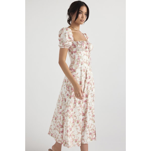 Kvinde Puff Sleeve Floral Maxi Kjole Firkantet Hals Boho Rygløs B