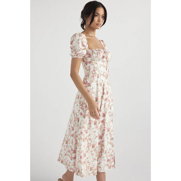 Kvinnors Puffärm Blommig Maxiklänning Kvadratisk Hals Boho Rygglös B