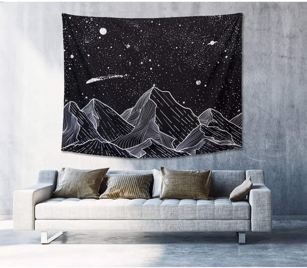 Fjellmåne Gobelin Veggteppe Stjerner Sort og Hvit Kunst Tap
