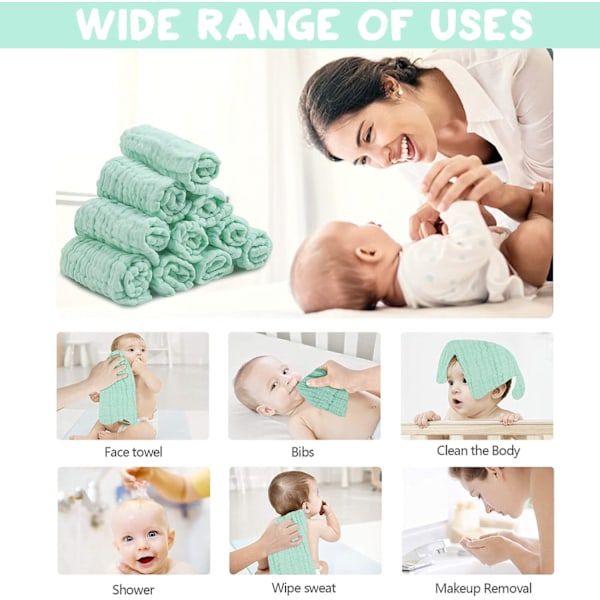 10 stk. Baby Muslin Vaskeklude, 100% Økologisk Bomuld, Genanvendelige Baby Ansigtshåndklæder, 30 x 30 cm Ekstra Bløde Vaskbare Vaskeklude til Nyfødt Hud (Grøn)
