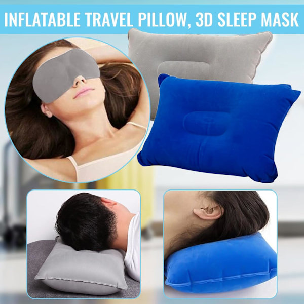 2 st Campingkudde, Uppblåsbar Strandkudde med 2 st 3D Sovmask, Ultralätt Uppblåsbar Resekudde, för Kontor, Strand, Camping, Resor