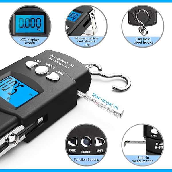 Elektroninen taustavalaistu LCD-näyttö digitaalinen ripustusvaaka postikalastukseen ripustuskoukulla ja mittanauhalla, 110 lbs / 50 kg