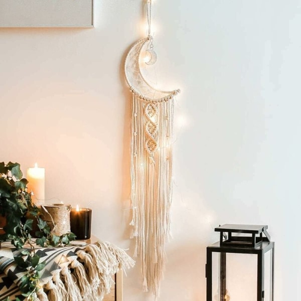 Bohemian Macrame Vægophæng med LED-lys, Bomuldsstrik Dreamcatcher Måne Vægtapet med Kvaster Dekorationer til Børneværelse Fest Dekoration Håndværk Gave (Måne)