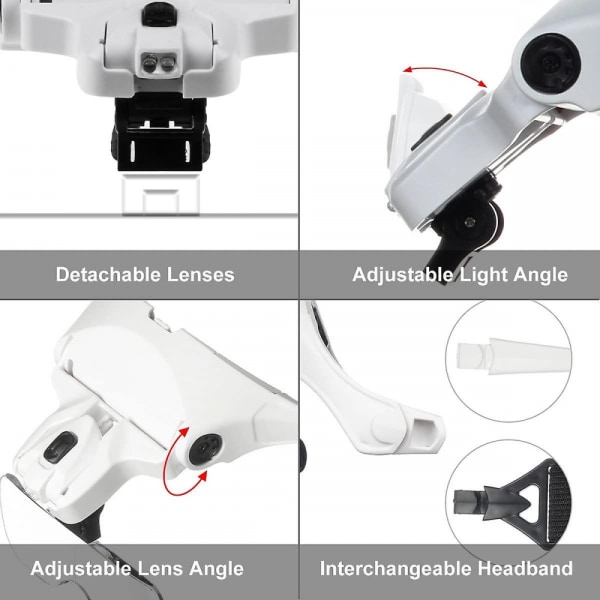 Forstørrelsesglass med 2 LED-belyste frontforstørrelser - 5 avtakbare linser