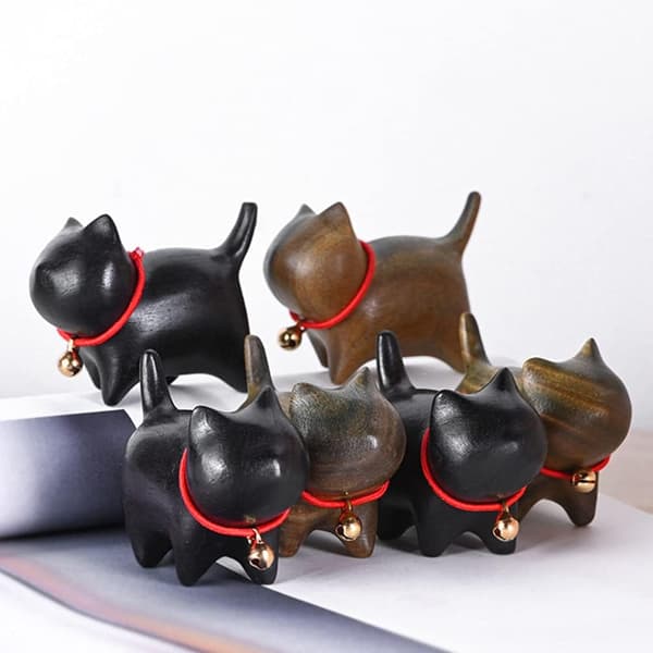 Träkatt Figur Dekoration Mini Snideri Kattunge Staty med Klocka