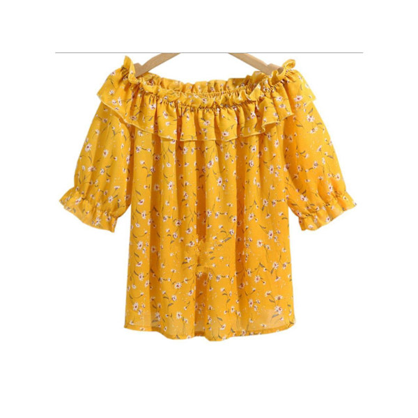 Kvinnor Tryckt Off Neck Trim Ruffle Stylish Chiffon Top,1PC-GUL