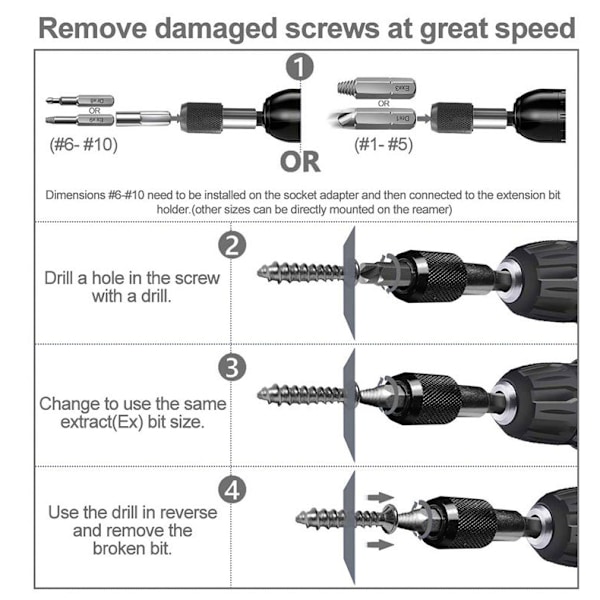 22 stk. Beskadigede Skrueudtrækningsværktøjer, Adskilte og Udtrækningsbor til Beskadigede Bolte eller Skruer, Sort