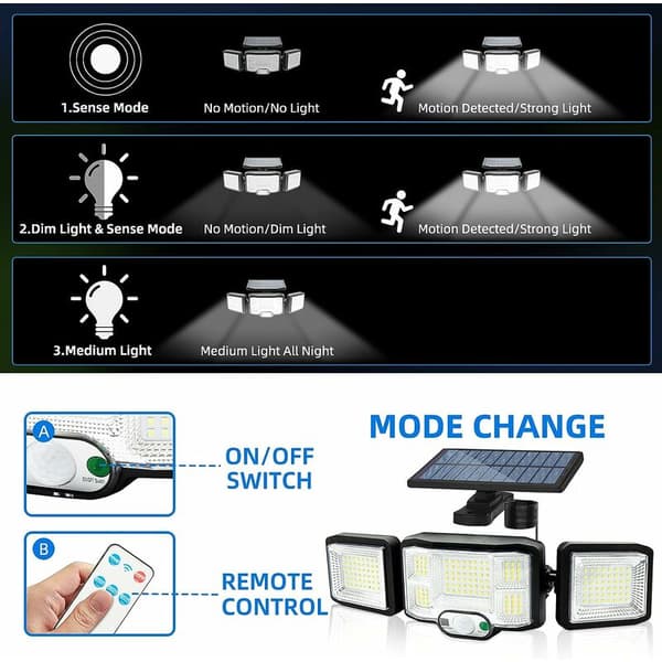 Solcelle Udendørs Væglampe LED Lys 3 Hoveder 192 LED Bevægelsessensor