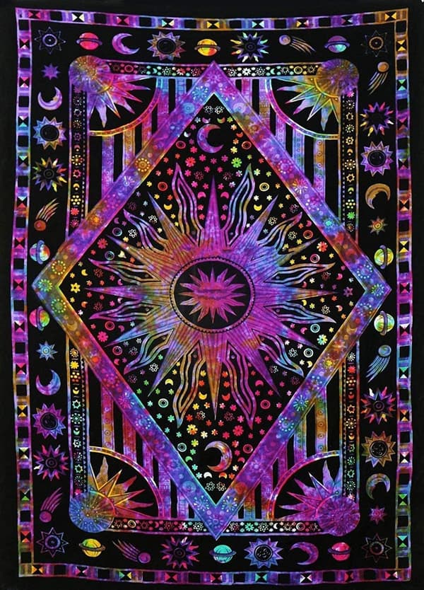 Burning Sun Tie Dye Tapet, Céleste Sol Måne Stjerne Planet