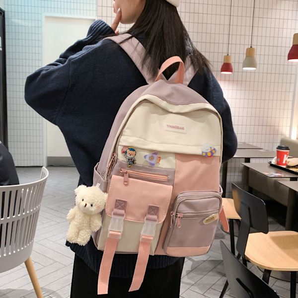 Söpö kangas Kawaii-reppu pinsseillä 16\" Pinkki esteettinen laukku Fash