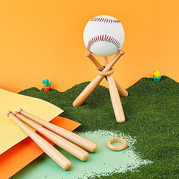 Træ baseball stand displayholder med mini baseballbat og