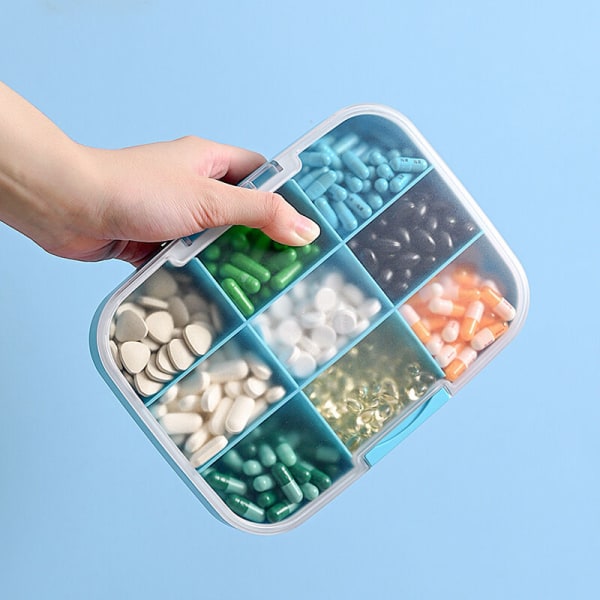Pilleboks, blå stor kapasitet ni-roms vanntett pilleboks