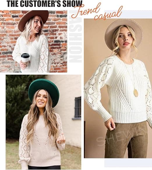 Kvinders Casual Langærmet Crewneck Hæklet Sweater Letvægts Strik Pullover Sweaters Top XL