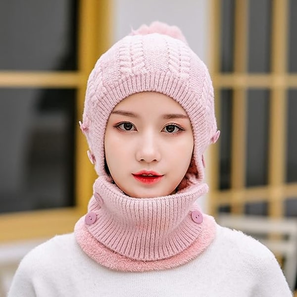 Dam vintermössa one-piece ullfoder stickad mask set rosa