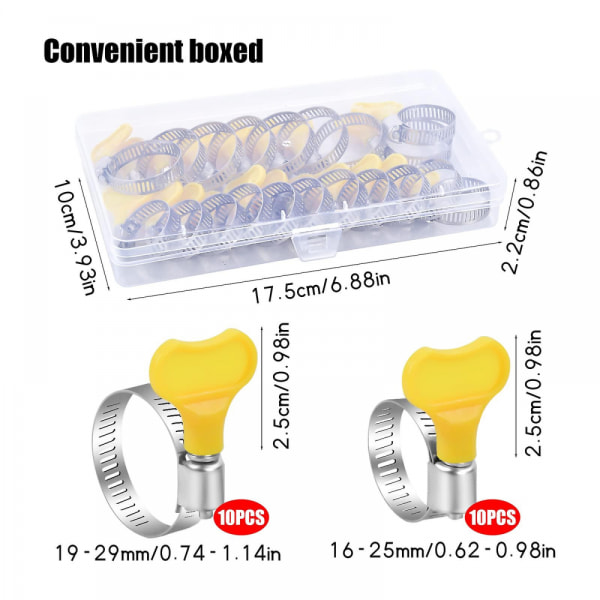 20 st justerbara slangklämmor 16-25/19-29mm rostfritt stål slangklämmor med