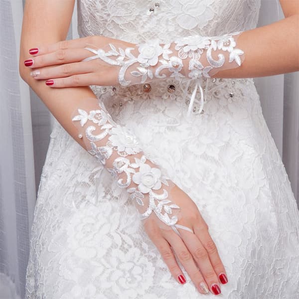 1 par hvide brudeblondebroderede blomster dug fingerhandsker