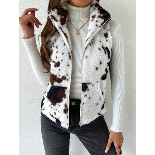 (M) Dam Fleece Väst med Ko-Print, Fuzzy, Dragkedja, Ärmlös, Ytterplagg med Fickor