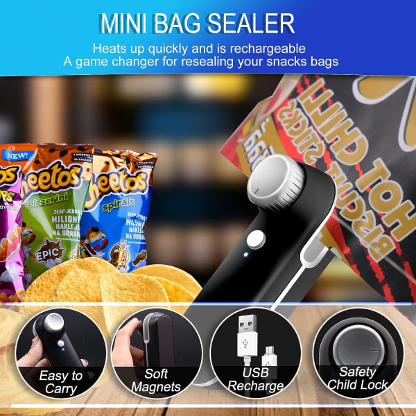 Mini poseforsegler, mini poseforsegler med smart varmeforsegler og kutter, magnetisk myk bærbar poseforsegler, svart