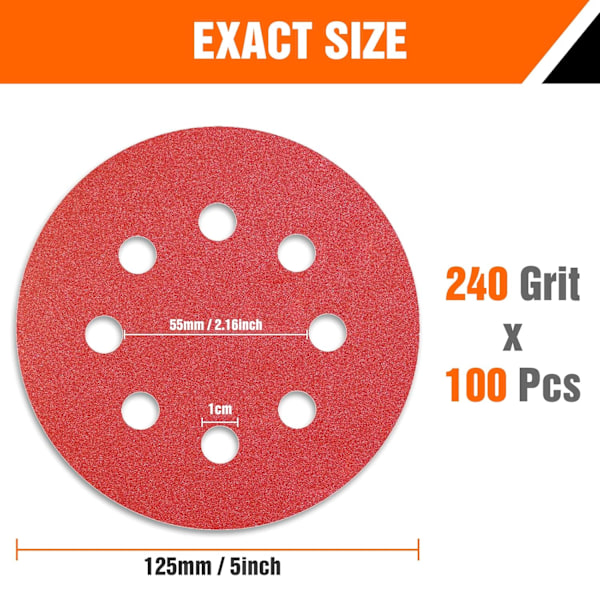 125mm Slibeskiver 240 Korn Sandpapir 100 Stykker 8 Huller Slibeskive til Excentersliber
