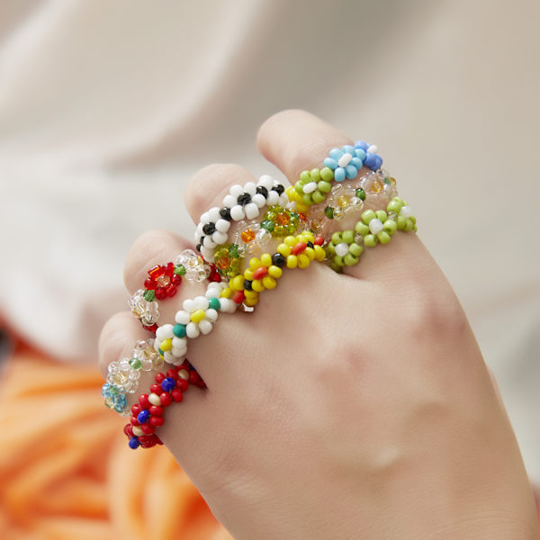 Boho 15 st blommiga färgglada pärlringar Justerbara ringar Kvinnor Barn Smycken Gåvor