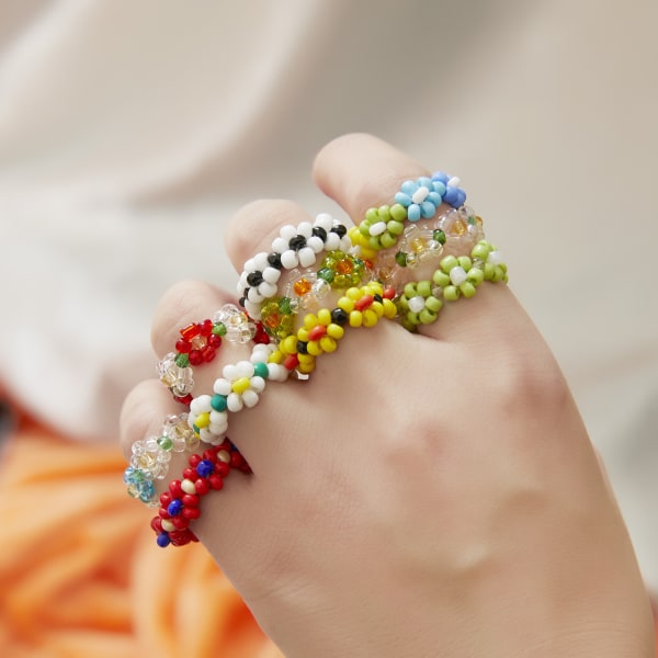 Boho 15pcs Flower Colorful Beads Rings Adjustable rings Women Kids Jewelry Gifts