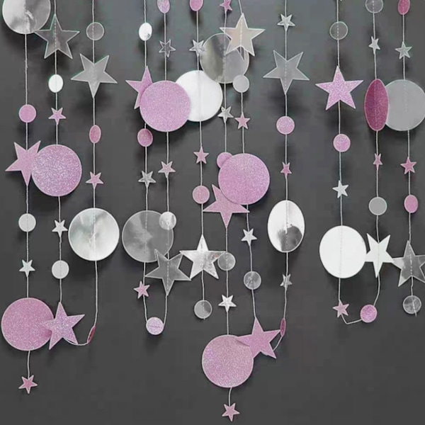 Rosa och Silver Glitter Pappersgirlang, Runda Stjärnpappersdekoration för Semesterfest (4M x 4 st)