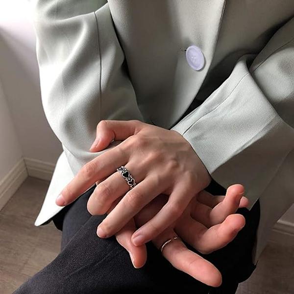 Gotisk Vintage Ring Set Fairy Trash Svarta Hjärtan Stapelbara Vintag