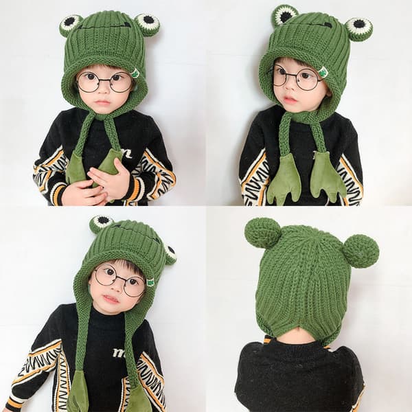 Dam barn söt groda hatt virkad stickad hatt storögd groda stickad vinteröron skyddande mössa hattar stickade mössor utomhus höst