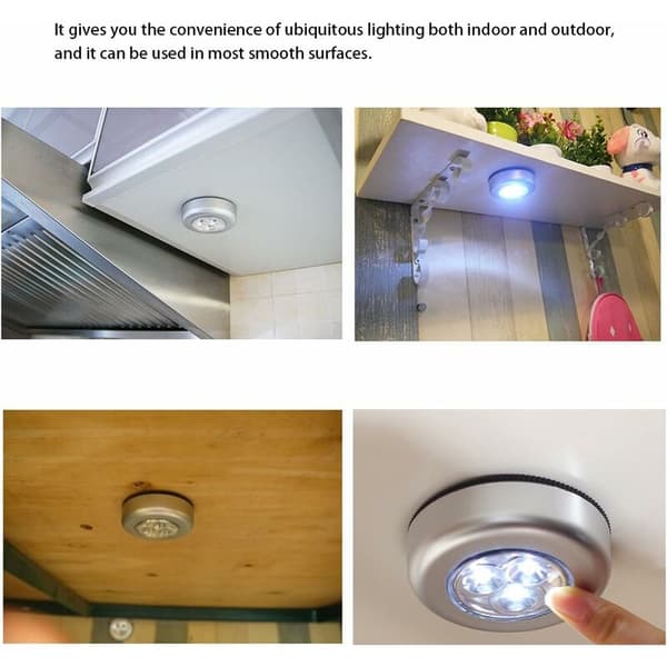 6 stk. LED-taklamper, batteridrevne berøringslys, klikk-trykklys