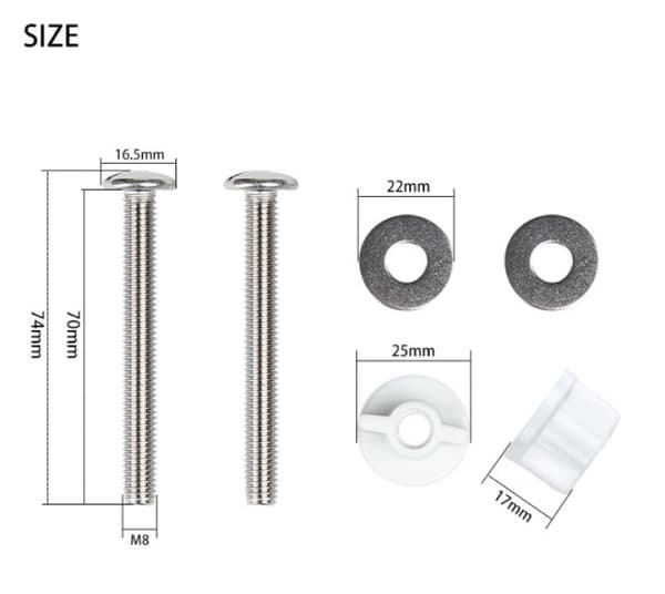 WC-istuimen kiinnityssarja, 2 mutteria ja 2 välikappaletta, pituus 74 mm
