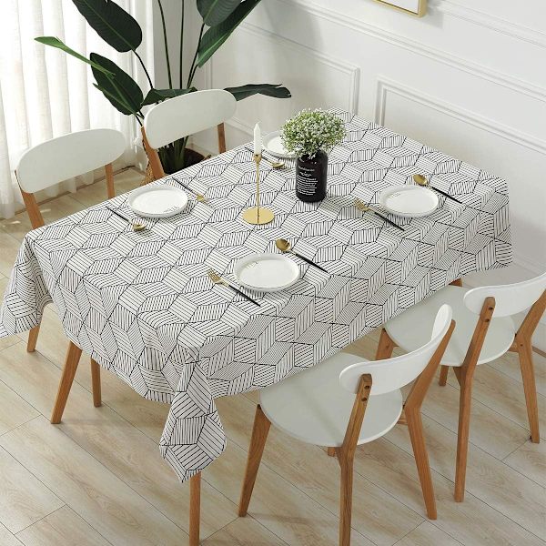 Rektangulær duk i geometrisk stil, bomullslinduk, støvtett duk for kjøkken, spisestue, borddekorasjon (rektangel/avlang, 140 x 178 cm (6-8 seter), hvit)