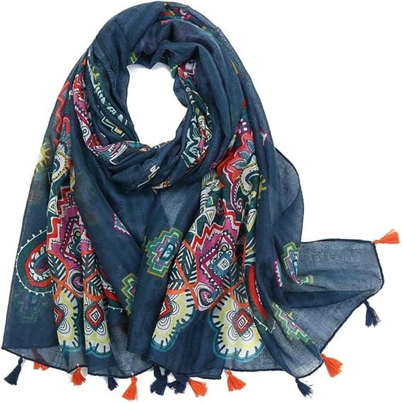 Boho-sjal för kvinnor med blommönster, lätt och trendig med fransar